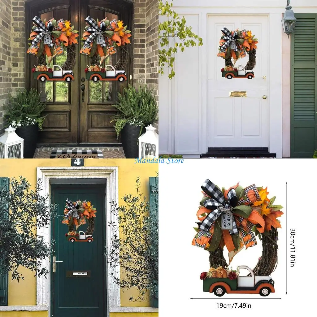 

U2JC for Creative Halloween Pumpkin Truck Wreath Fall Harvest Maple Plaid Bowknot Garland Farmhouse Thanksgiving Door
