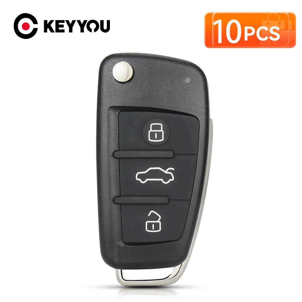 KEYYOU 10Pcs New Flip Remote Control Shell Case For Audi A3 A4 A6 A6L A8 TT Quattro Q7 S6 With Uncut Blade Smart Car Key Housing
