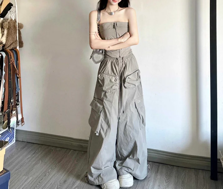 

One Shoulder Strapless Top, High Waisted Loose Casual Pants, Long Pants Set, Summer High Street Workwear Style 2-Piece Set