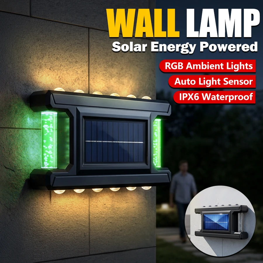 RGB Solar Light Outdoor Waterproof Solar Wall Lamp Up Down Bubble Flow Lighting for Garden Fence Decor Solar Powered Wall Lamp