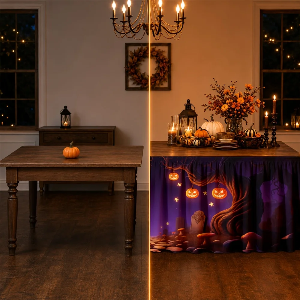 One tablecloth, Halloween spooky magic forest, pumpkin lantern, tombstone, mushroom, starzyc