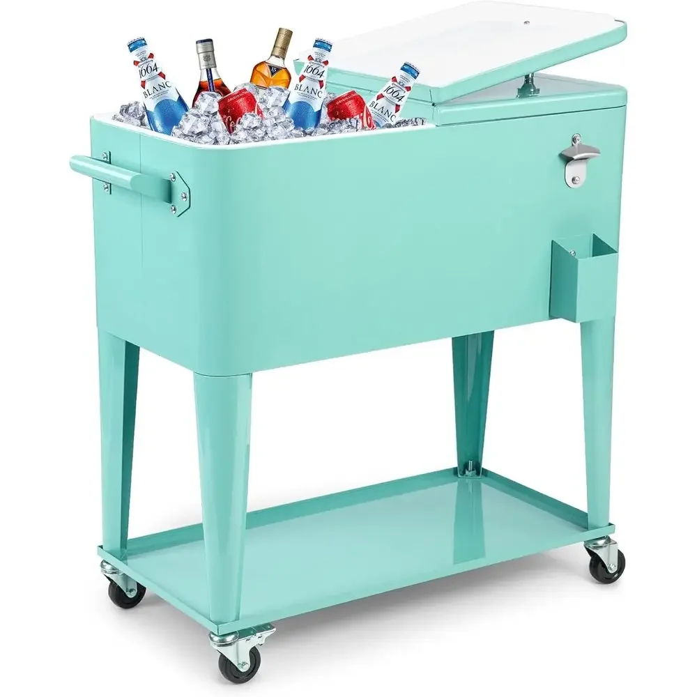 Portable 80 Quart Rolling Cooler Cart for Outdoor Patio, Beach, BBQ, and Camping Beverage Storage
