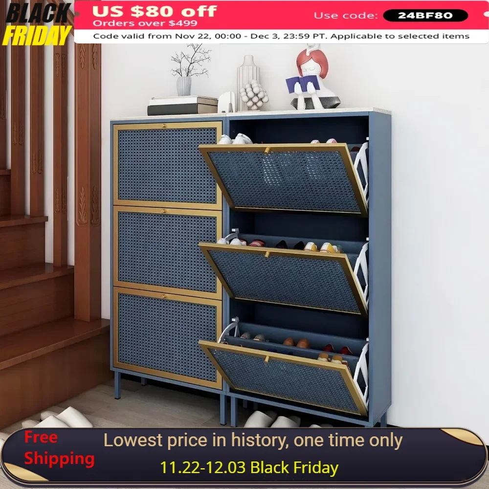 2 PC Shoe Cabinets with Metal Rattan 3 Flip Drawer, Wood Free Standing Rack, Hidden Slim Shoe Cabinets