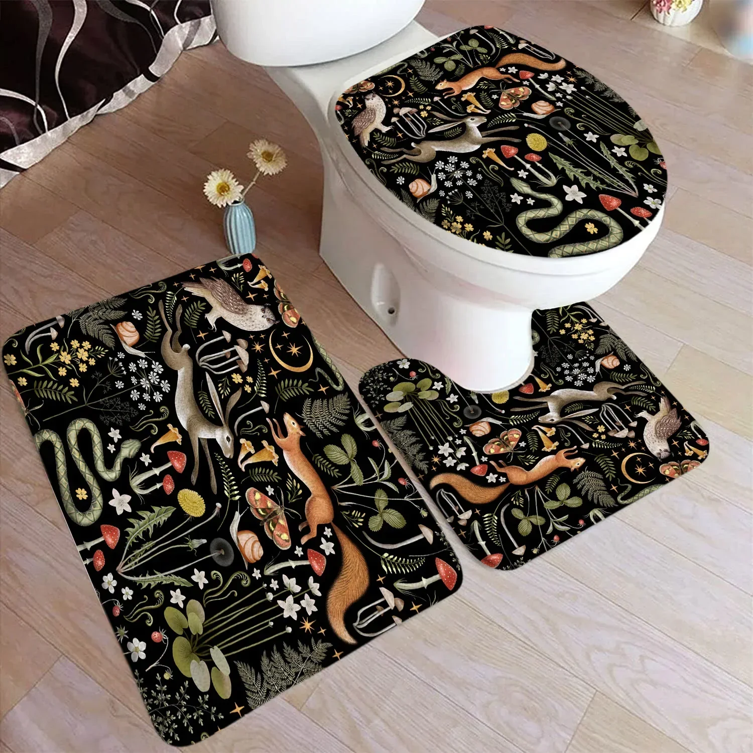 Mushroom Bath Mat Set Funny Animals Owl Rabbit Squirrel Moth Flower Plant Vintage Black Carpet Bathroom Decor Rugs Toilet Cover