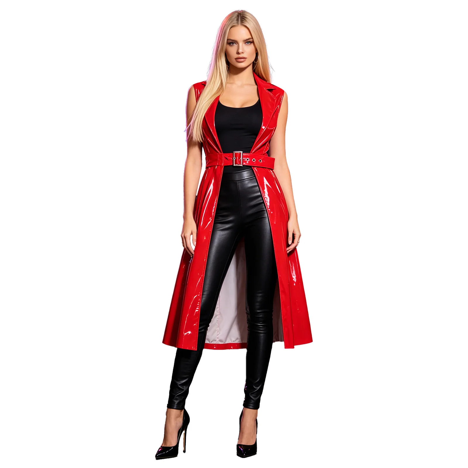 Women's Glossy PU Punk Long Trench Coat Sleeveless Open Front Adjustable Buckle Waist Jacket Blazer for Nightclub Cosplay Party