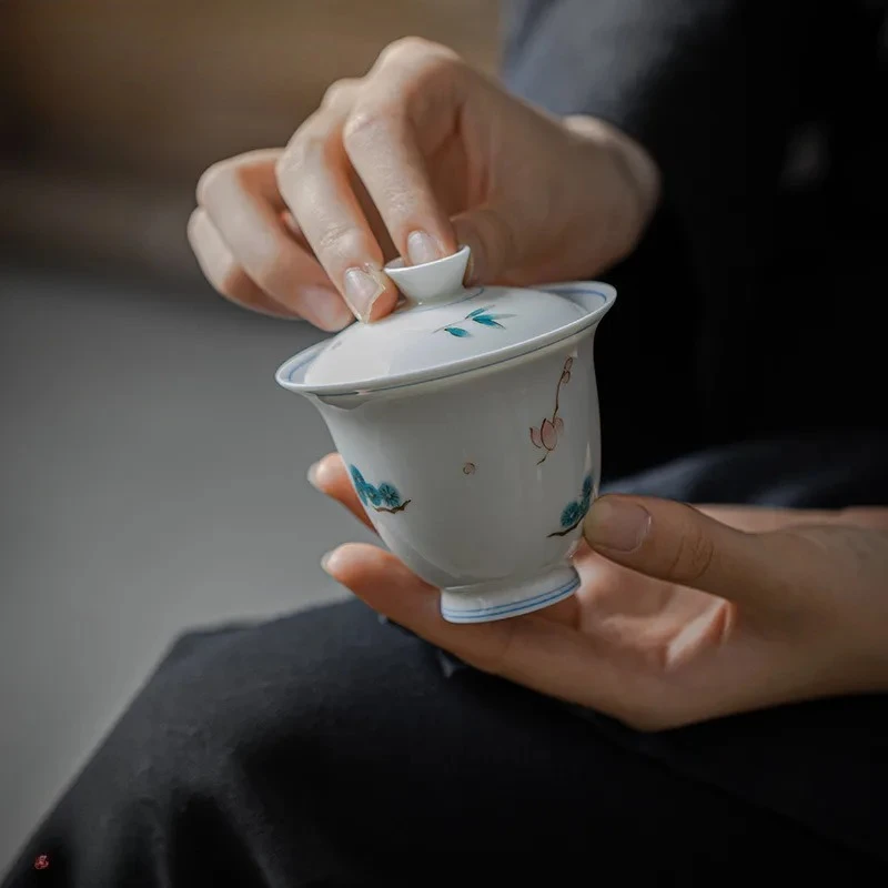 

100ml Hand-painted High Footed Gaiwan Handmade Thin Bodied Jade Clay Ceramic Tea Tureen Tea Making Cover Bowl For Tea Supplies