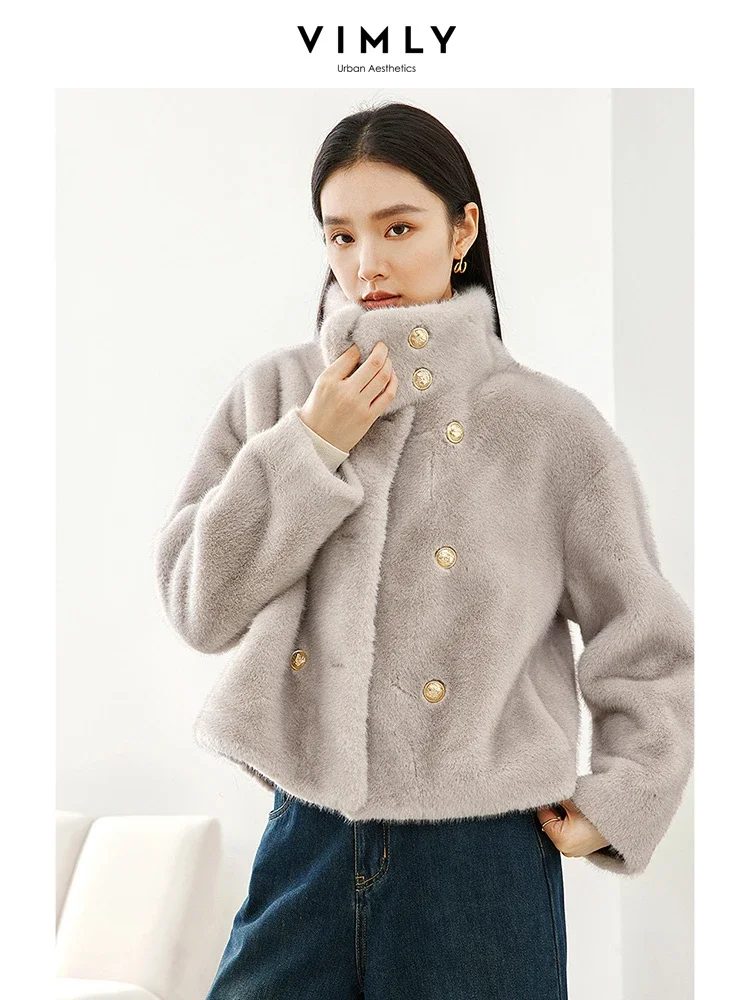 Vimly Gray Cropped Faux Fur Coat 2023 Winter Warm Stand Collar Fluffy Jacket Elegant Long Sleeve Overcoats Female Clothes 50761