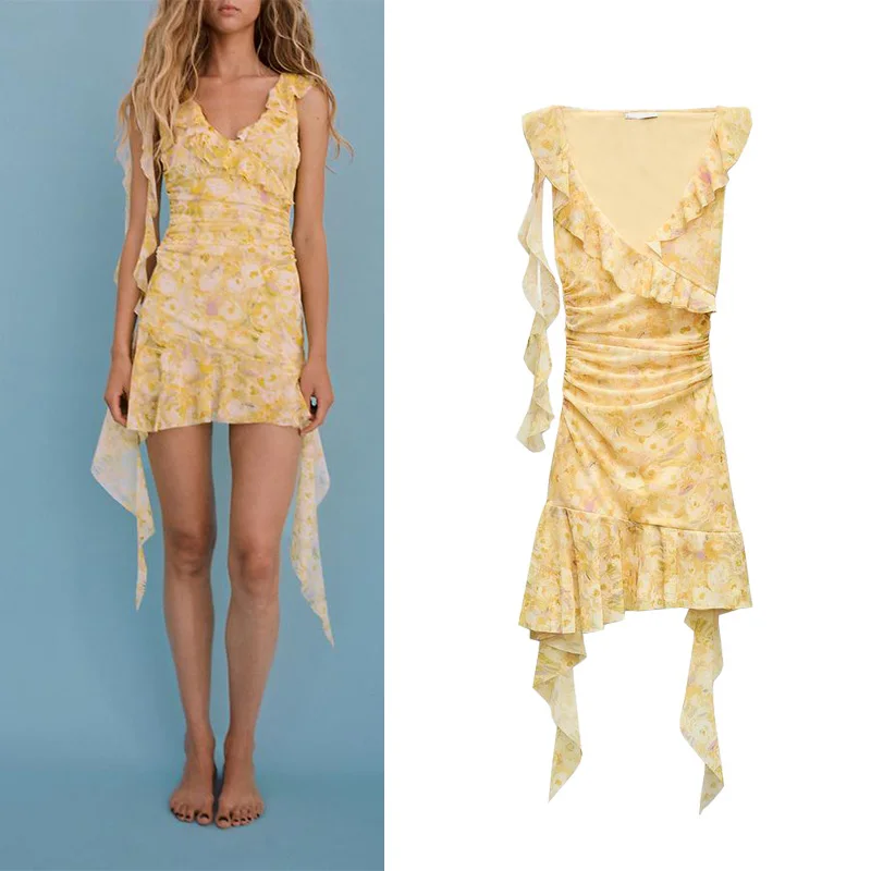 

Women's ort Printed Slim Fit Silk Net Dr Asymmetrical Pleated Vest Sle Summer New Arrival Casual Comfortable Dr