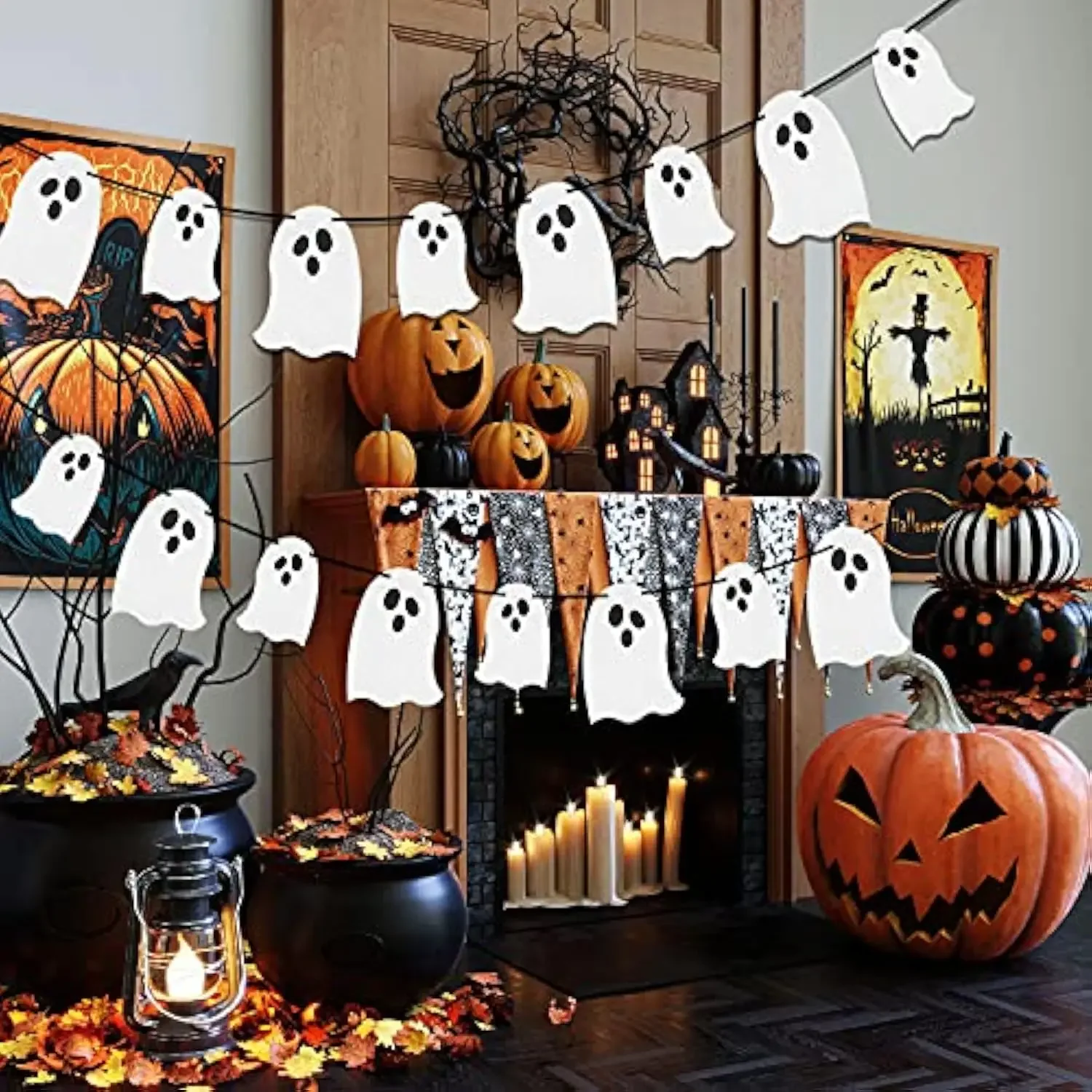 Happy Halloween Ghost Banner White Ghost Pumpkin Bat Pattern Hanging Banner Garland Decorations for Party Indoor Outdoor Mantel