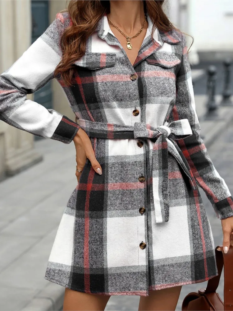 

Spring Autumn Elegant Striped Plaid Dress Women's Fashion Lating Single-breasted Commuting Mid-waist Long-sleeved Short Skirt