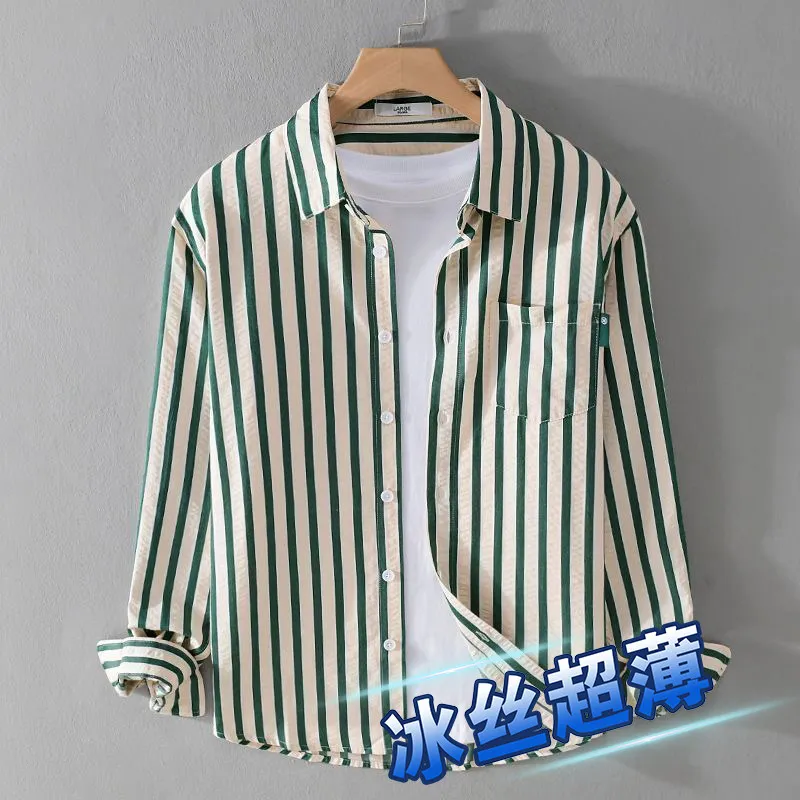 Men's Ice Silk Long Sleeve Shirt Summer Thin Bubble Cloth Striped Casual Versatile Top Trendy City Walk Loose Fit Folded Cuff