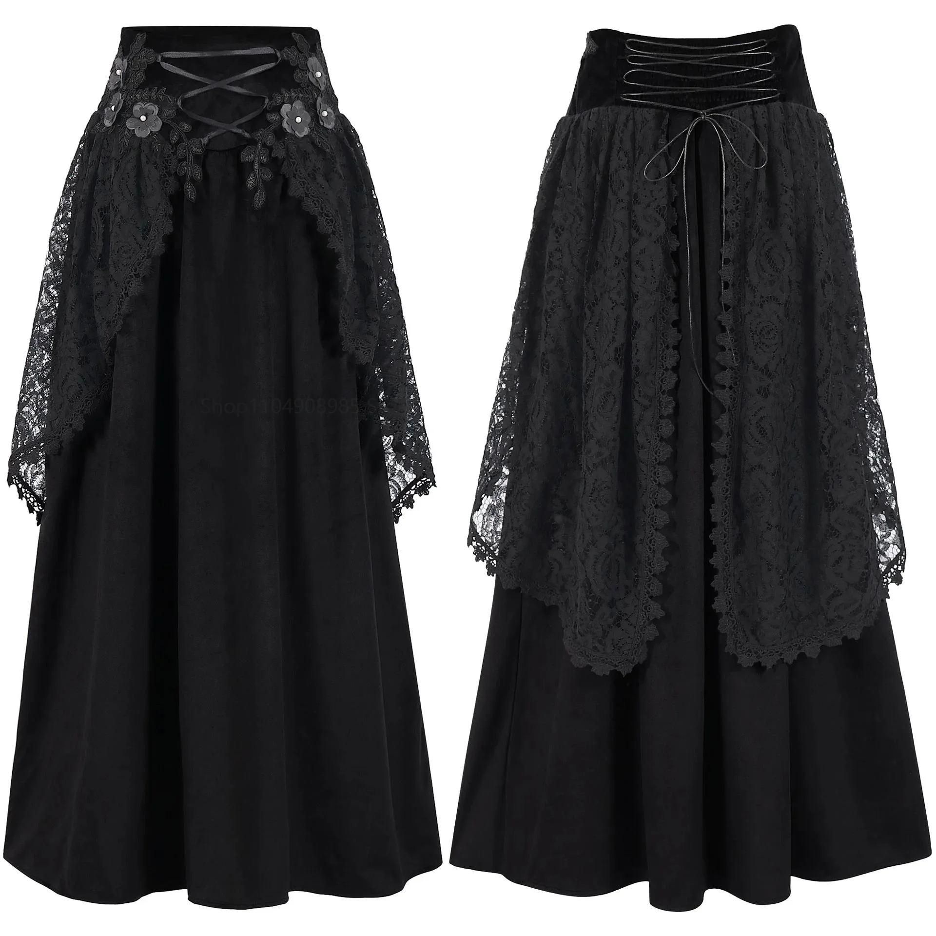 

Victorian Vintage Skirt 19th Century Women High Waist Solid Color Dress Bandage Medieval Cosplay Costume Lace Swing Skirts
