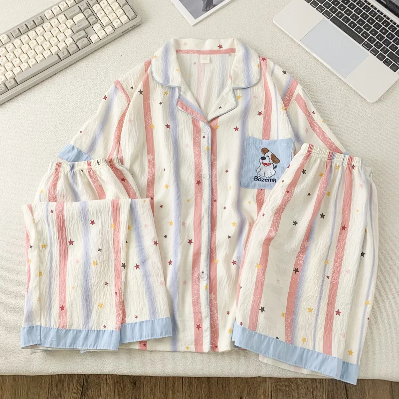 

Embroidery Letter Dog Cute Sweet Plus Size Pajamas Set Stars Striped Print Korean Style 3 PC Women's Pajamas Set Summer Homewear