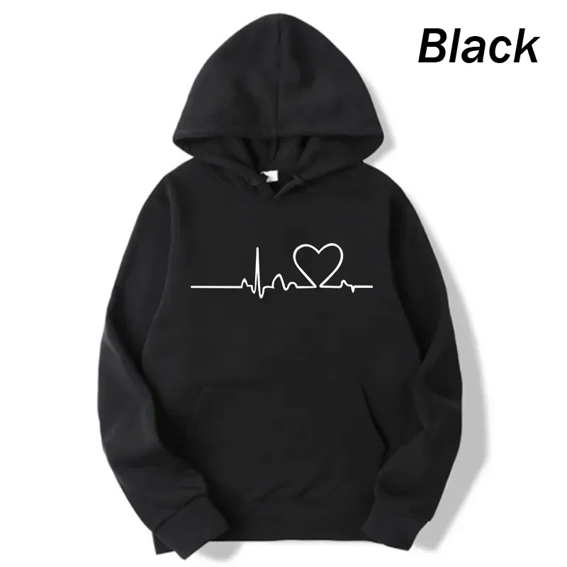 2024 New Women Casual Hoodies Autumn/Winter Heartbeat Print Men Loose Hoodies Couple Sweatshirts Ladies Hooded Tops Streetwear