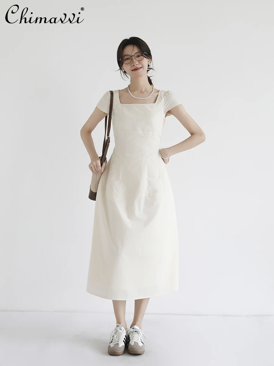 

French Simple Commuter Square Neck Short Sleeve Dress High Waist Lace-up Slim A-line Elegant Temperament Long Dress Women Summer