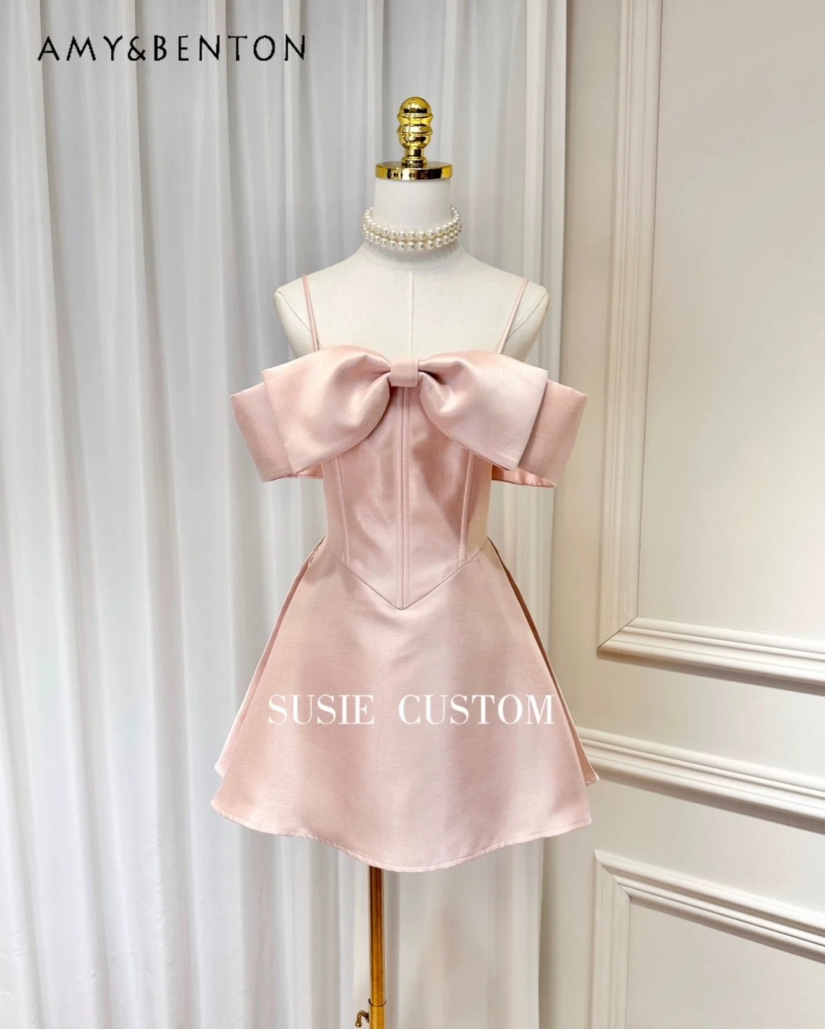 

French High Sense Three-Dimensional Big Bow Strapless Off Shoulder Sling Fishbone Slim A-line Dress Sweet Cute Princess Dresses