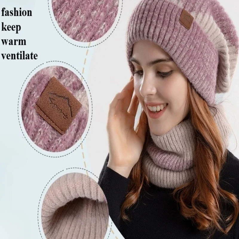 طقم قبعة ووشاح محبوك مكون من قطعتين لخريف وشتاء. محبوك ناعم، صديق للبشرة، مريح، مسامي، ودافئ