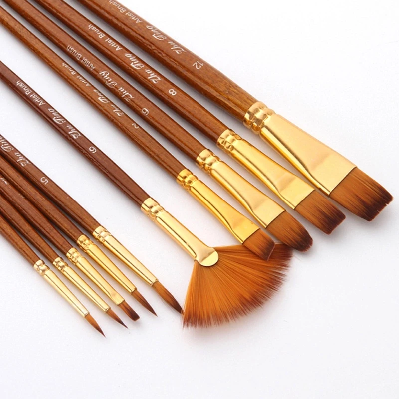 10 Pcs Nylon Hair Painting Brush Set Professional Painting Kits Round Pointed Tip Paintbrushes with Synthetic Nylon Tips