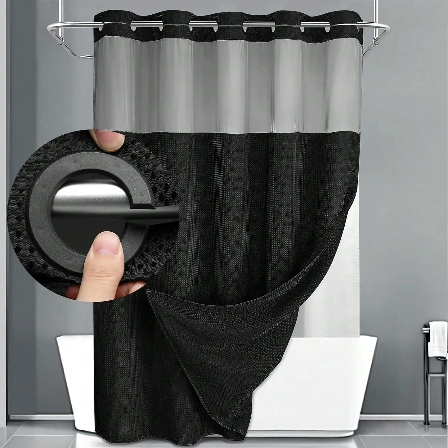 Waffle Double Woven Shower Curtain, No Hook, Clear Top Window, Hookless Design With Snap-Lined Waffle Texture, Hotel Style, Doub