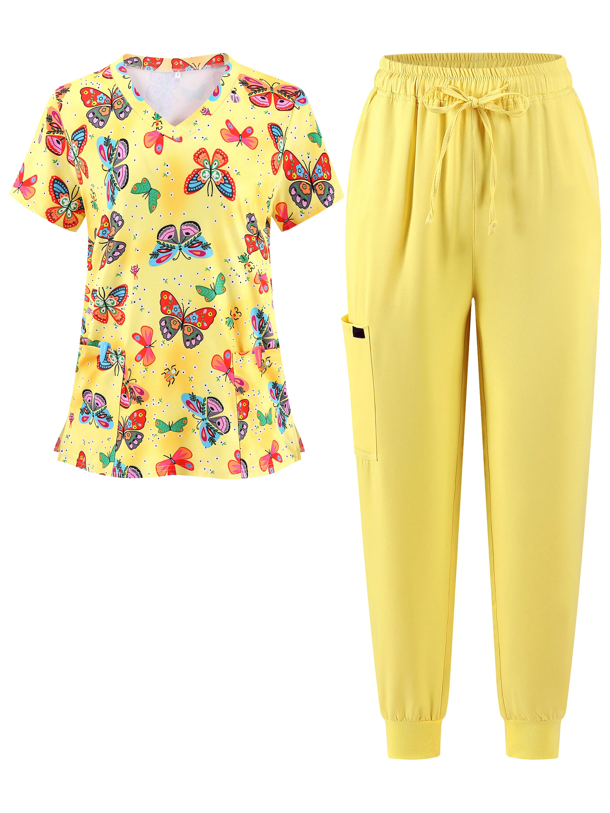 2pcs Fashion Casual Nurse Uniform Set Digital Print V-Neck Split Pocket Top with 5-Pocket Pants for Comfortable Workwear