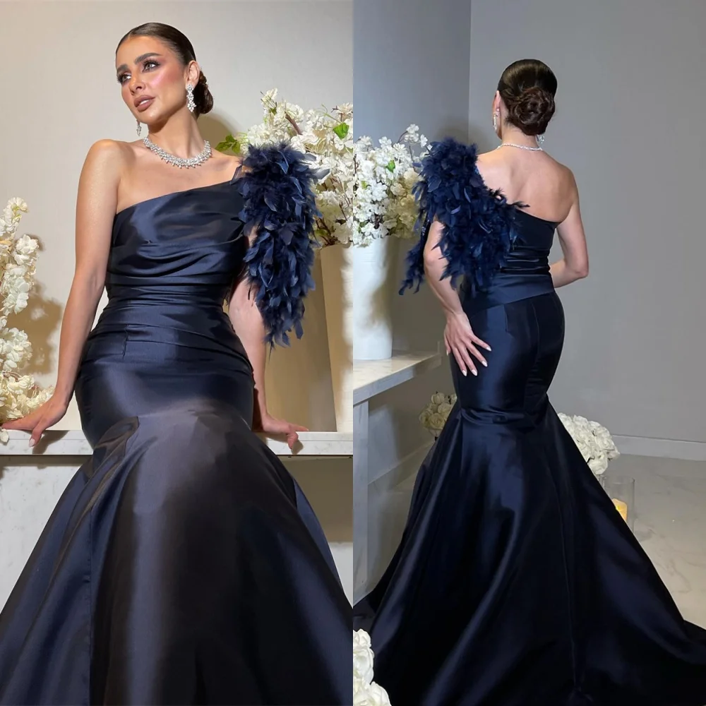 

Customized Exquisite Blue Satin Evening Dress Classic One Shoulder Sleeveless Mermaid Feathers Sweep Train Homecoming