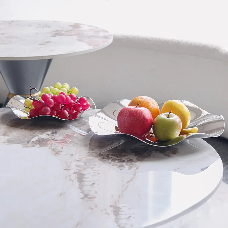 Deluxe Silver Stainless Steel Fruit Tray, Wavy Art Tray, Living Room Table Storage Box, Stainless Steel Decorative Tableware