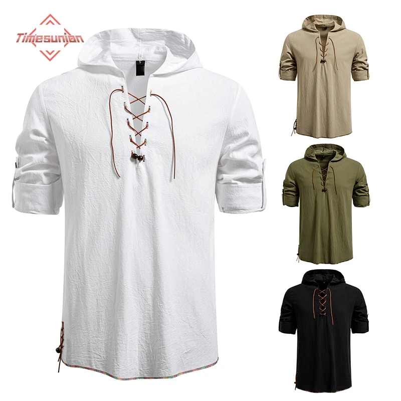 

Мужская пиратская рубашка викингов в стиле ретро, Ренессанс, средневековый готический викторианский костюм на Хэллоуин, повседневные хлопковые рубашки в стиле хиппи на шнуровке