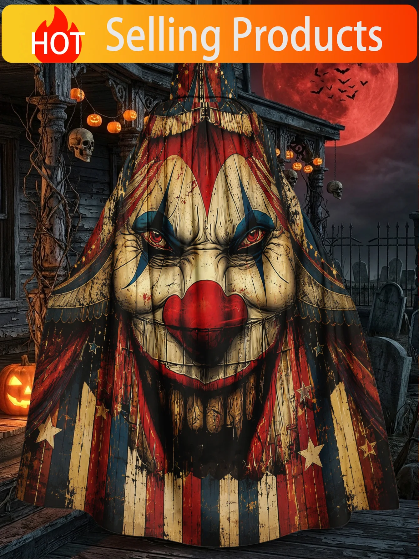 1pc, Festive Hooded Cape for Adults with Grunge Circus Clown Face Print, Durable Polyester Material Ideal for Halloween Costume