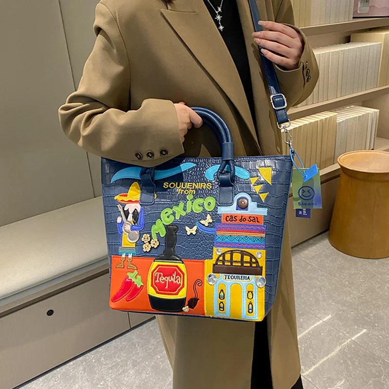 

Винтажная женская сумка в этническом стиле, красочная большая вместительная сумка через плечо, одинаковая сумка с буквенным принтом в Мексике