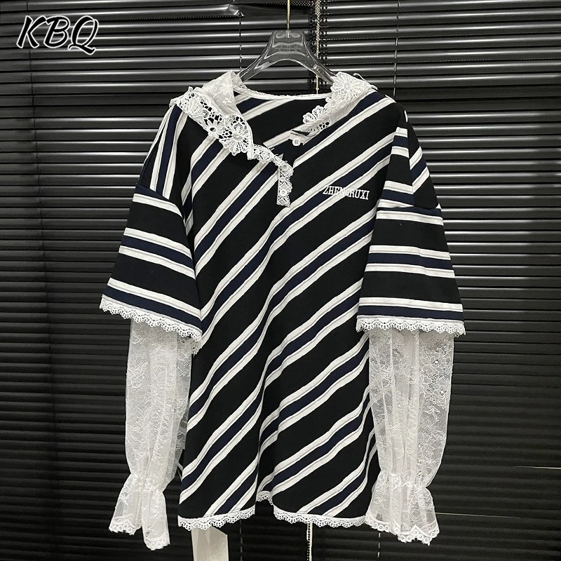

KBQ Loose Casual Stripe Spliced Lace Hoodies For Women V Neck Long Sleeve Temperament Spring Commute Hoodies Female Fashion New