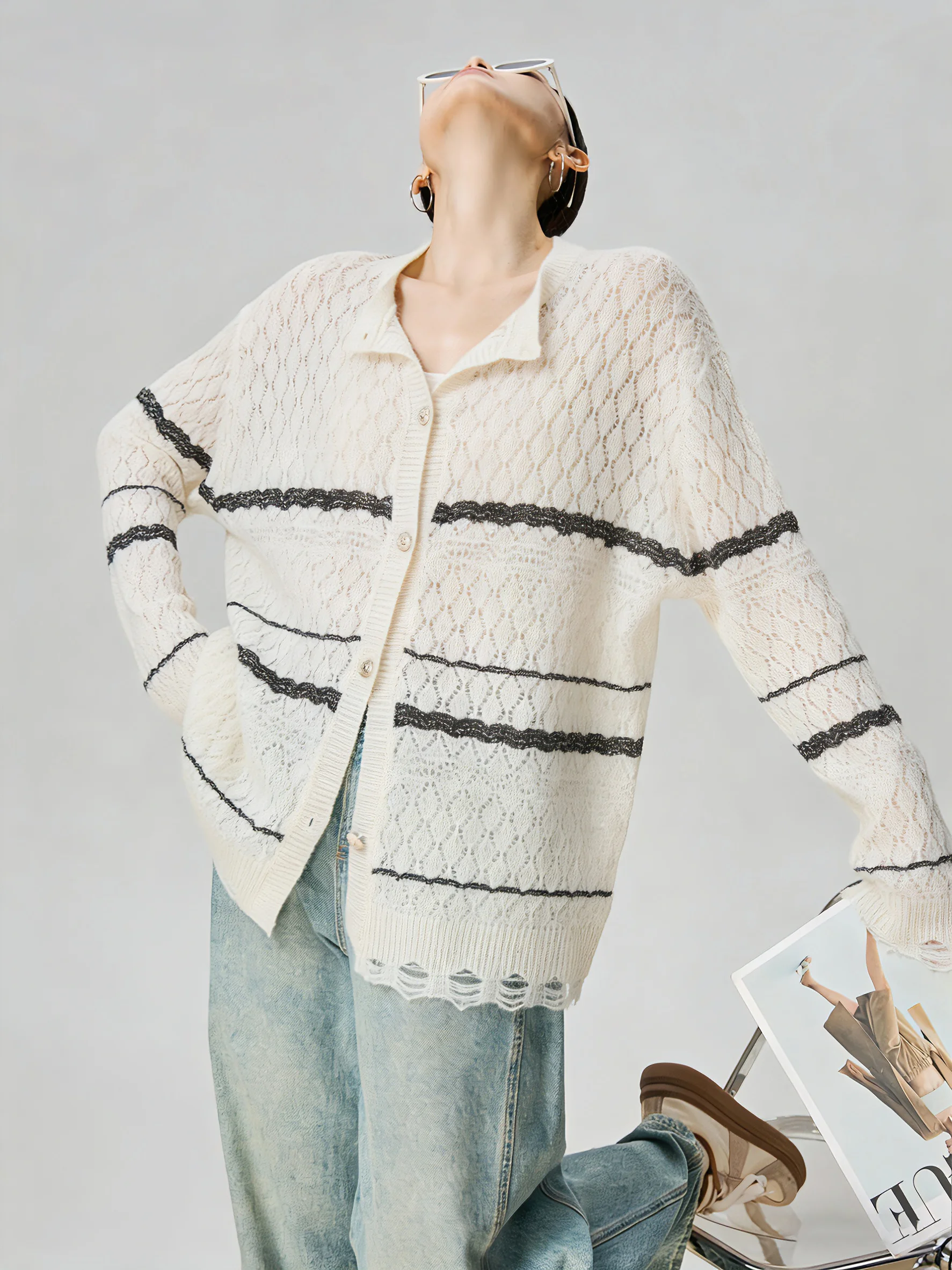 

Ladies' Knitted Hollow out Striped Long Sleeve Cardigan Thin Style Spring Fashion Casual Wear Polyester Fiber G18519