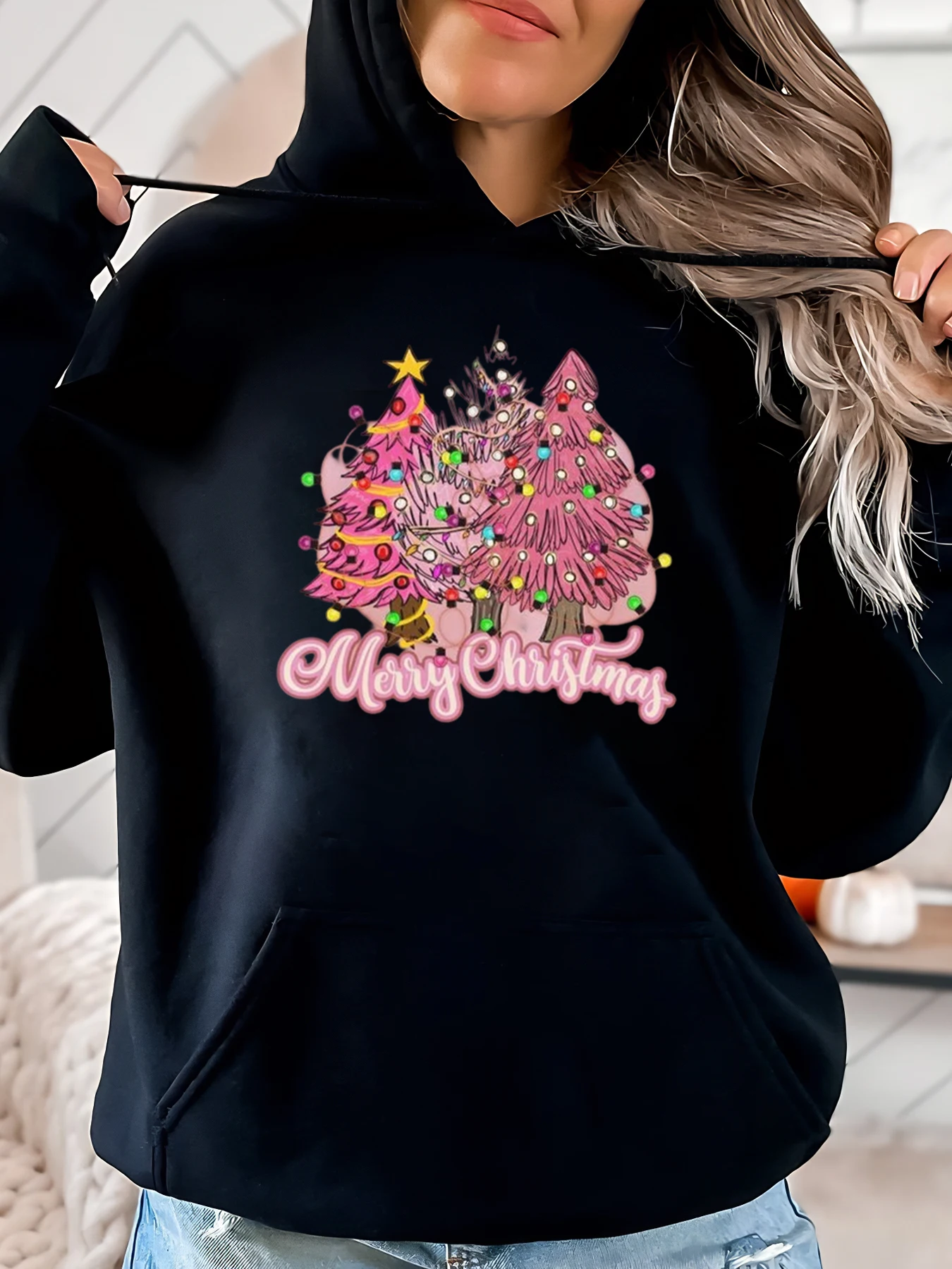 Weihnachtsbaum- und Schlossdruck, Frohe Weihnachten, Kapuzenpullover für Damen, lässiges Winter-Urlaubs-Outfit, Schwarz, Übergröße
