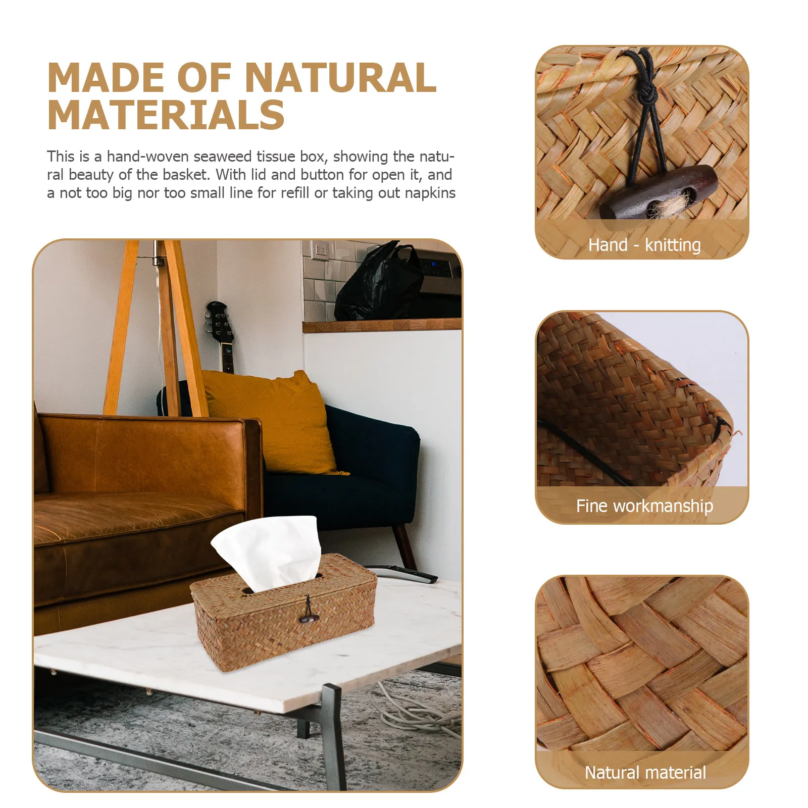 

Набор из 2-х плетеных вручную коробок для салфеток из натуральных морских водорослей с крышкой и кнопкой-застежкой для автомобиля, ванной комнаты, офиса, туалета, органайзер для салфеток