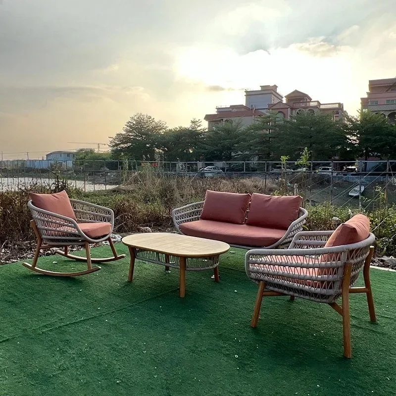 Outdoor courtyard sofa waterproof and sunscreen rattan sofa garden open-air bed and breakfast hotel leisure simple solid wood