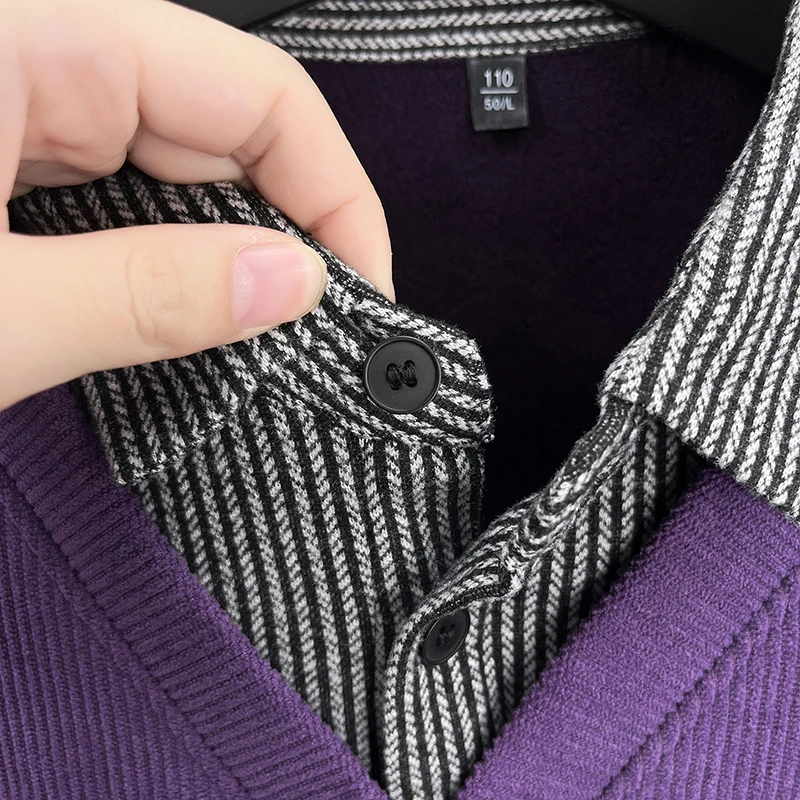 Высококачественный мужской трикотаж с длинными рукавами, ложный двухсекционный пуловер с лацканами на одной пуговице в корейском стиле, зимняя качественная мужская одежда для отдыха