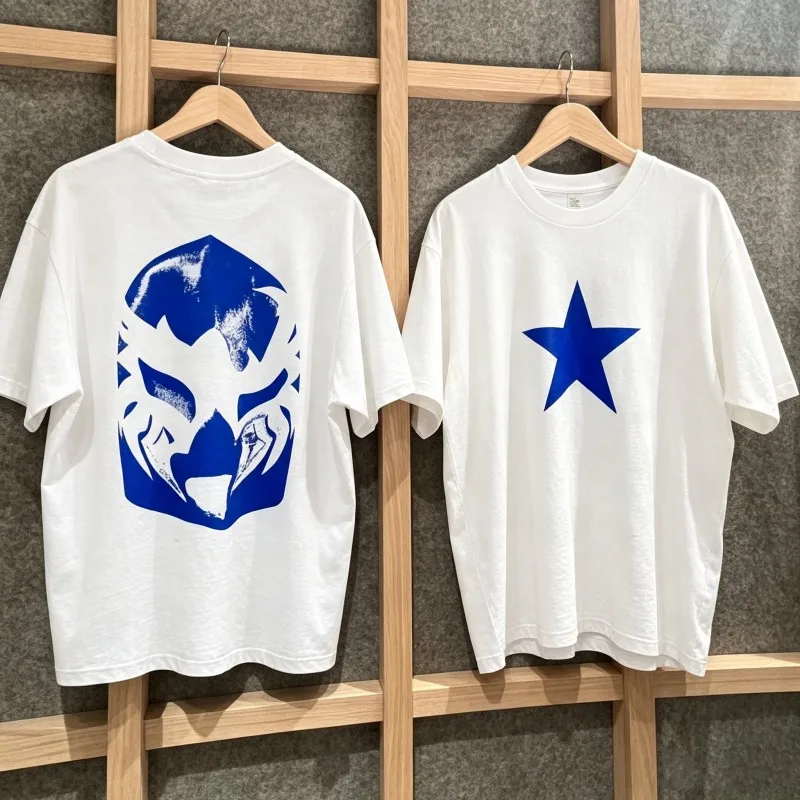 Blue Eagle Mask Five Star Print Oversized Kanye Bully Tshirt White Breathable Cotton Round Neck Short Sleeve Men Women Top Tees