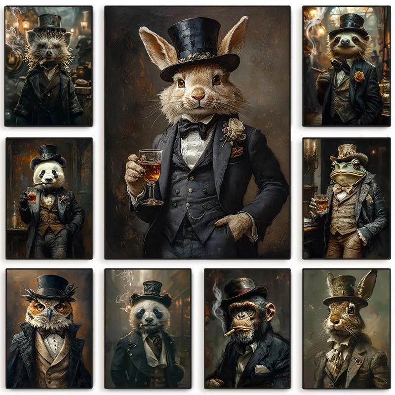 Renaissance Animal Portraits Canvas Print Gentleman Panda Bear in Victorian Attire Retro Funny Animals Wall Art Home Decor Gi