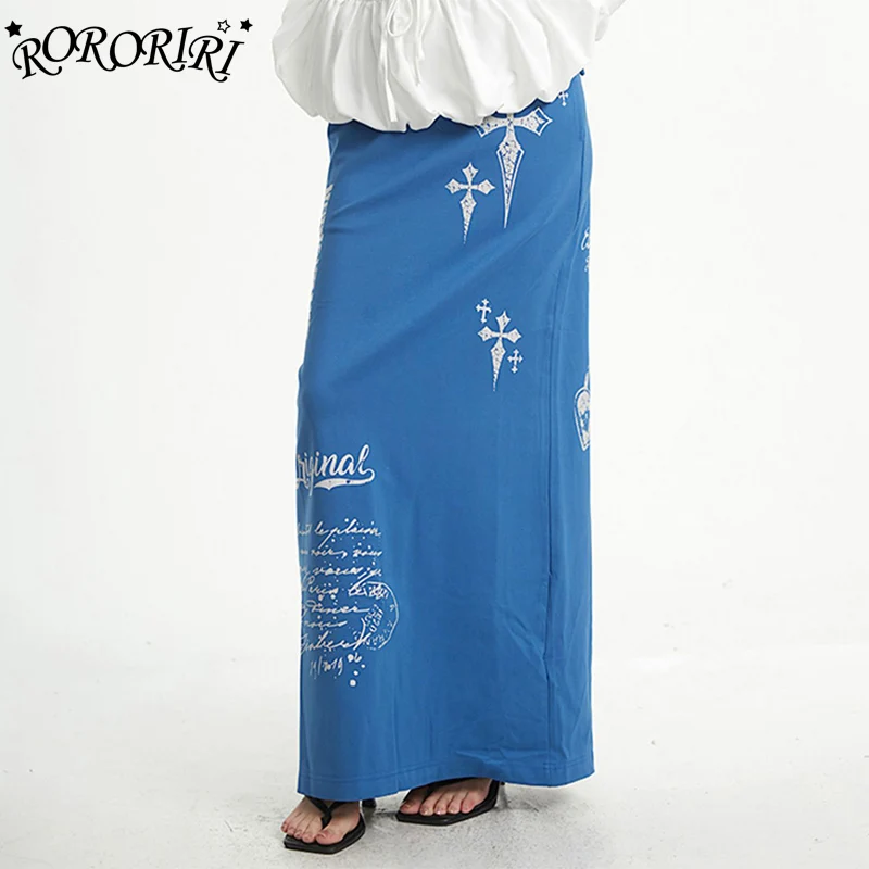 

RORORIRI Y2K Blue Cross Print Straight Skirt with Slit Drawstring American Retro Bottoms Casual Streetwear Sports Skirts gyaru