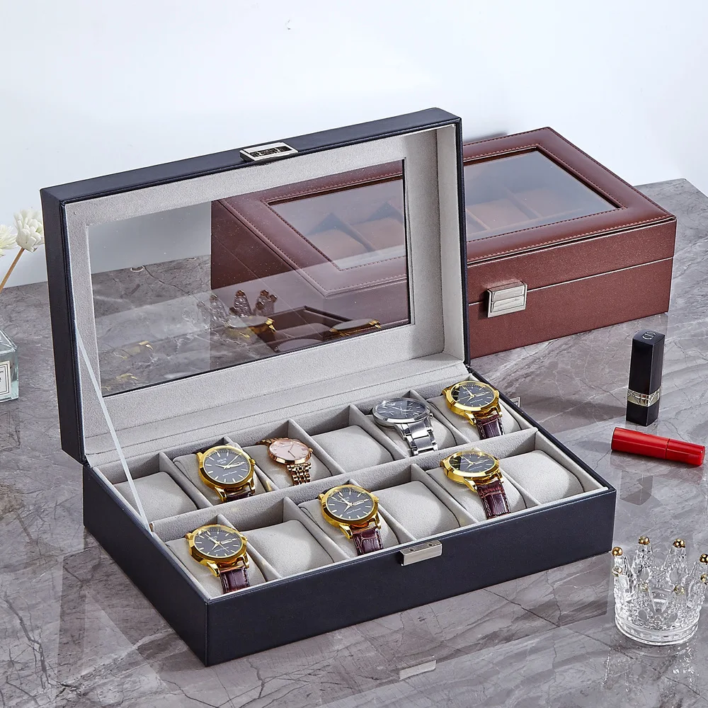 

Large-capacity best-selling classic style 12-position black PU watch storage box, watch protection storage box