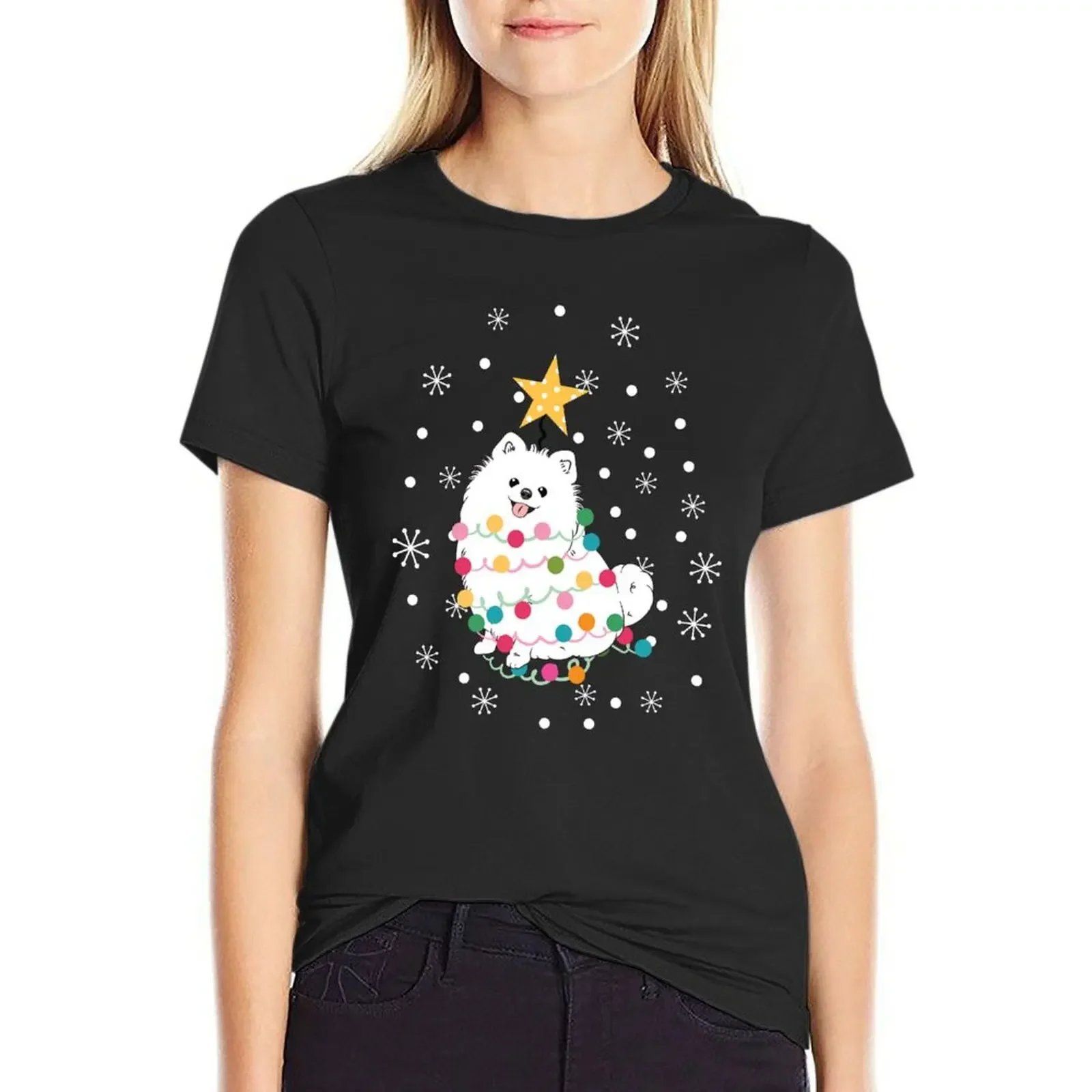 

White Pomeranian Christmas Tree T-Shirt Blouse aesthetic clothes Women's tops