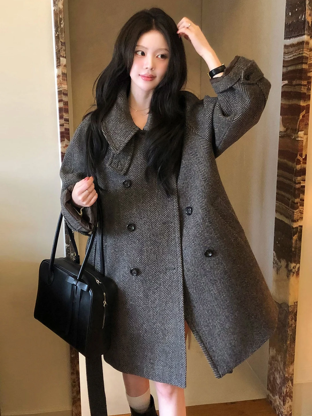 

Двубортное твидовое теплое шерстяное пальто с отложным воротником в стиле ретро Briti Sle Ele Personali, женское модное пальто