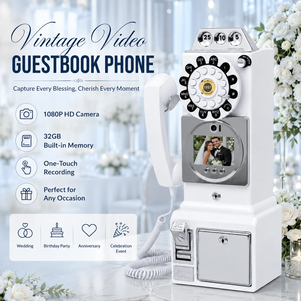Audio Wedding Guest Book Telephone for Receptions Record Voice Blessings and Messages from Guests with 32GB Storage Retro Phone