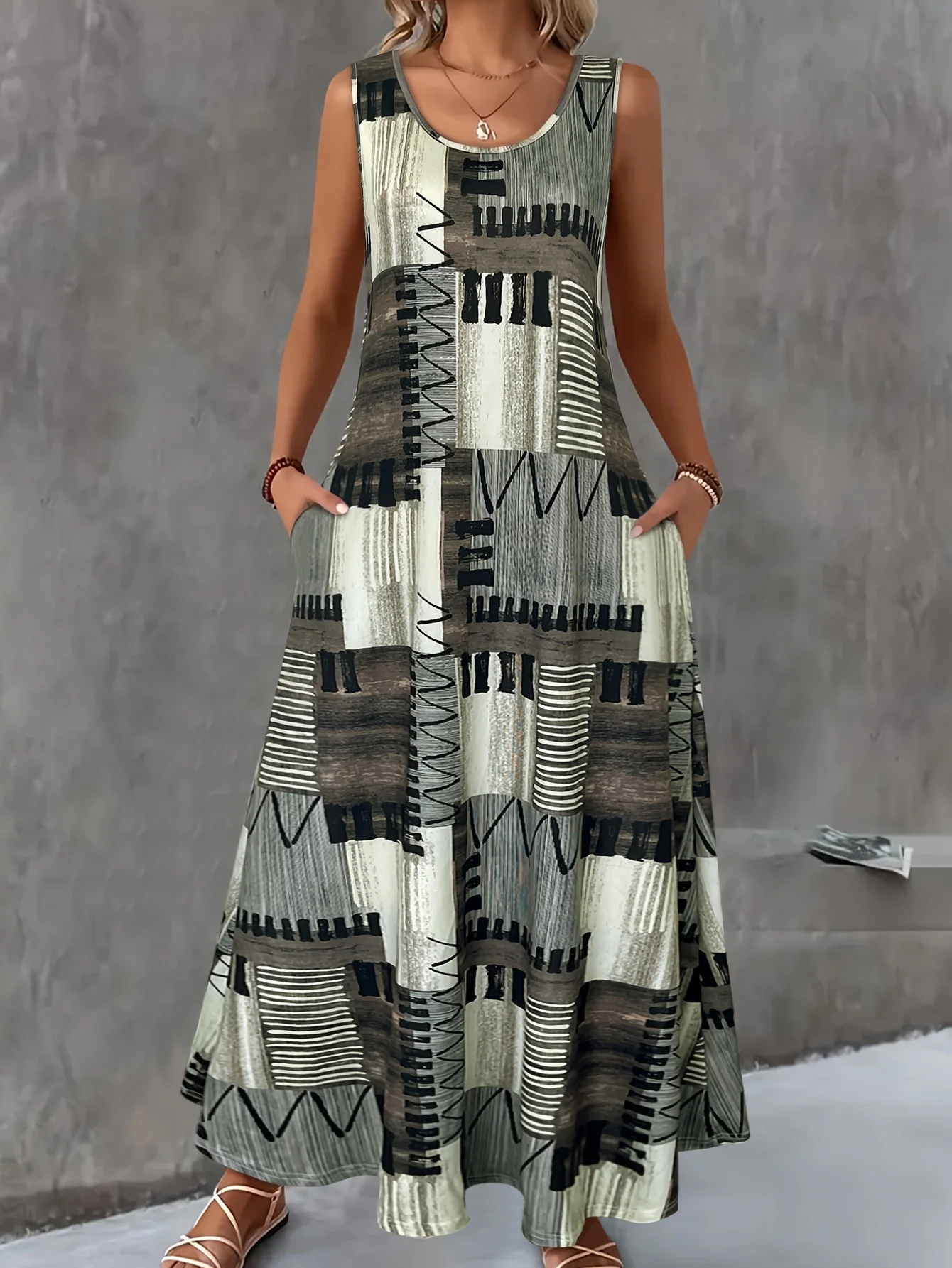 Women Abstract Print Sleeveless Maxi Dress, Round Neck Loose A Line Tank Sundress With Side Pockets,Boho Daily Vacation Dress