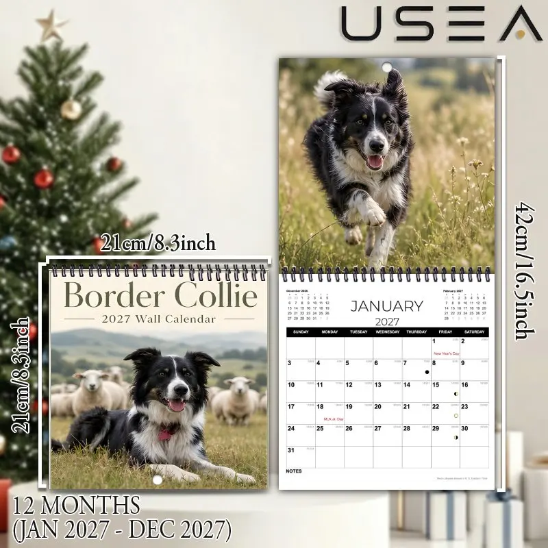 2027 Border Collie Wall Calendar,Twin Wire Spiral Calendar with Large Writable Blocks, US Holidays, Farmhouse Aesthetic Decor