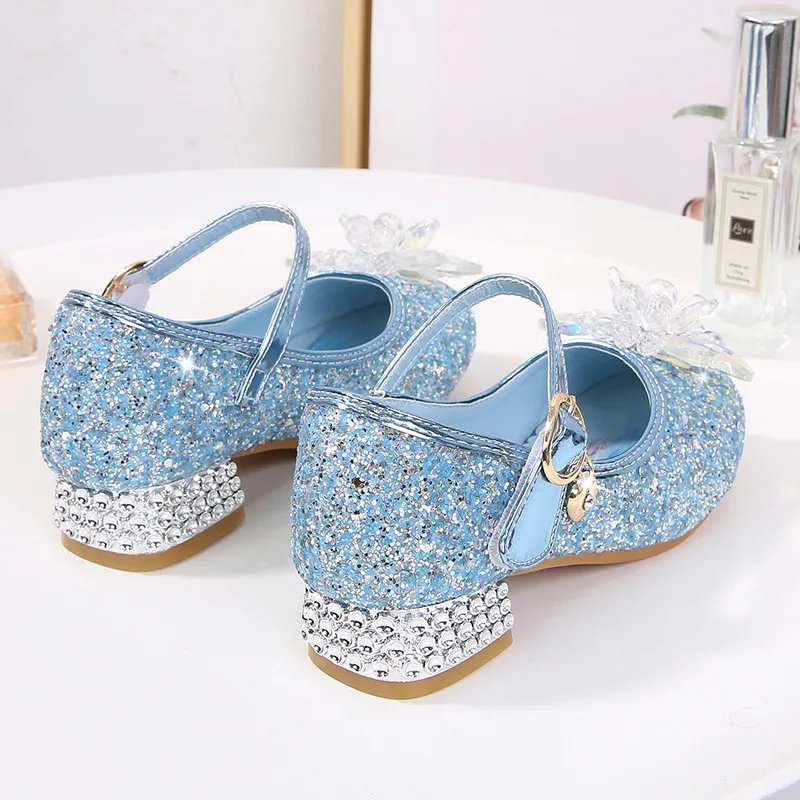 Sapato infantil de salto alto de cristal Elsa, sapatos grandes para princesa, desfile de festa, menina, novo