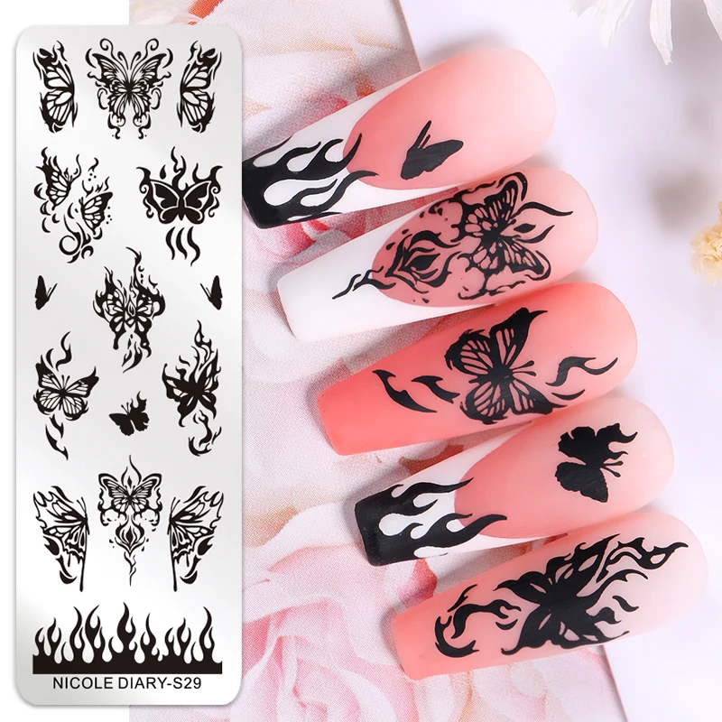 NICOLE DIARY motyl Nail Art płytka do stemplowania szablon do rysowania geometryczny wzór kwiatu lamparta szablon formy narzędzia do drukowania paznokci