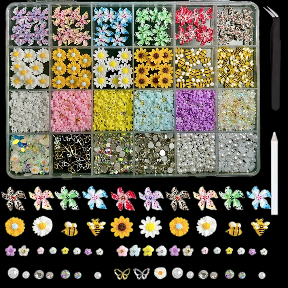 1 caja de dijes de resina para uñas con flores manchadas de colores degradados, Mini mariposa, vitalidad, naranja, girasol, abeja, decoraciones artísticas para uñas DIY
