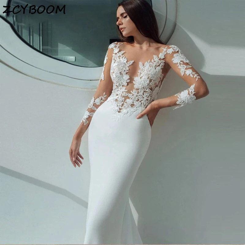 Vestidos de casamento de cetim recortados para mulheres, vestido de noiva simples, renda elegante, sereia, pérolas, trem da corte, sexy, 2024