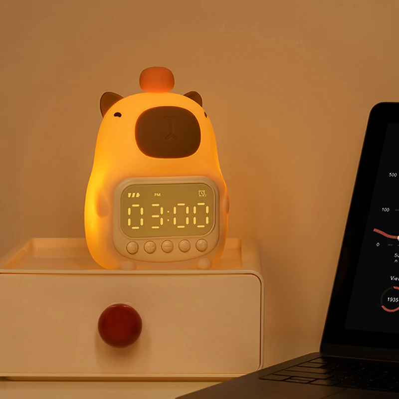 Capybara-reloj despertador con luz nocturna para niños, lámpara de noche con forma linda, sincronización de carga, iluminación de Snooze, decoración