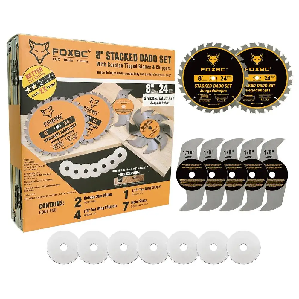 8" Stacked Dado Blade Set 14-Piece Carbide Table Saw Cutting Tool Kit